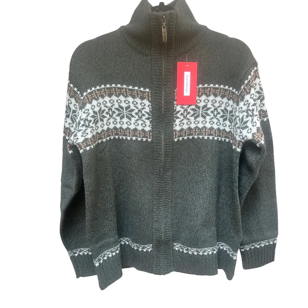 Mens Fair Isle Snowflake Zip Up Sweater Jacket Green‎ Tan White Size M Winter
